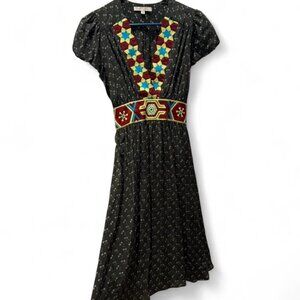 Anthropologie Corey Lynn Calter Gray Silk Midi Dress with Multicolor Embroidery